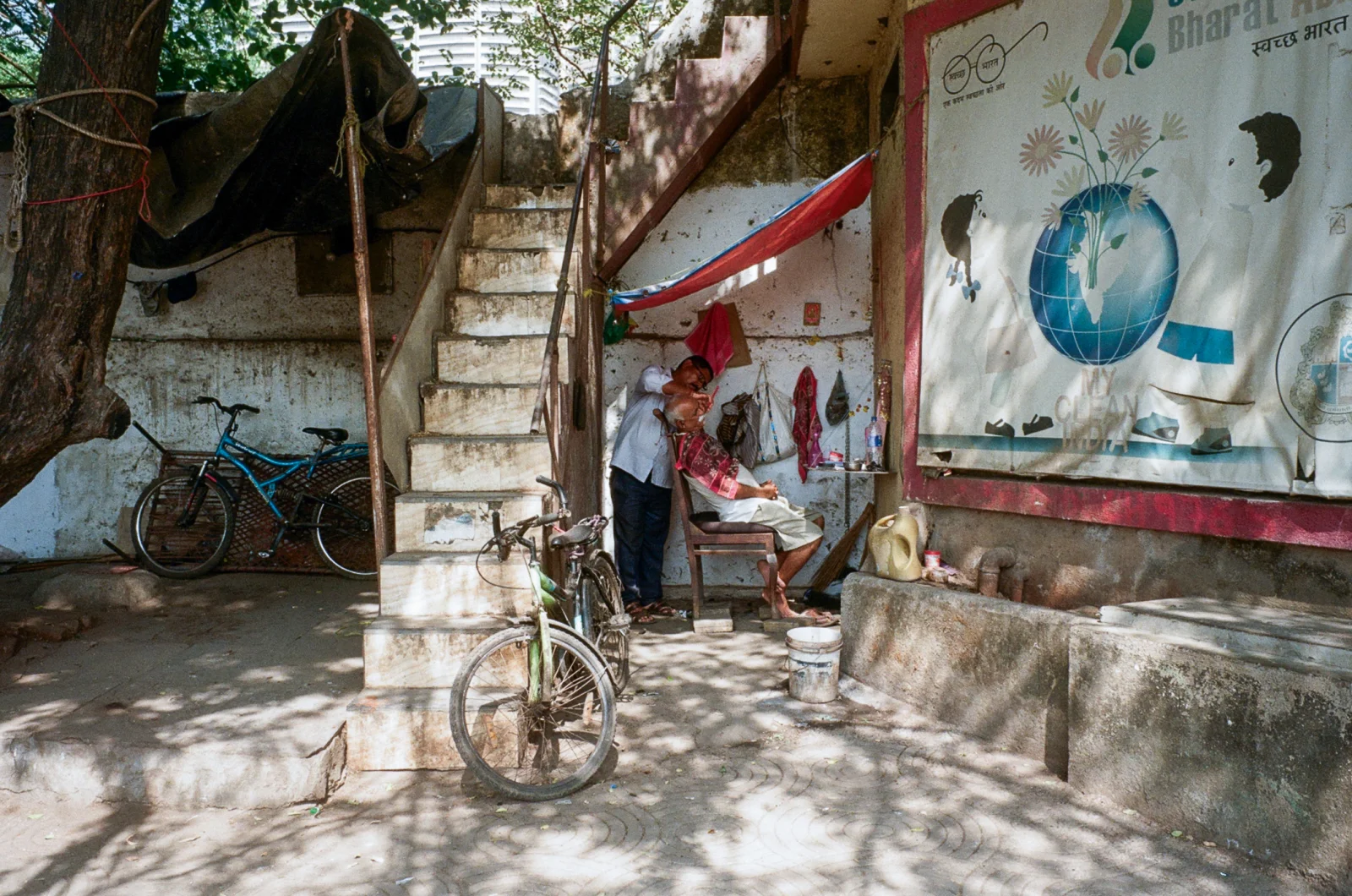 Travel scene — colourful shophouses along a quiet street